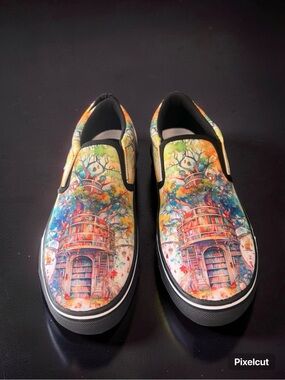 Colorful Library Illustration Slip-On Sneakers